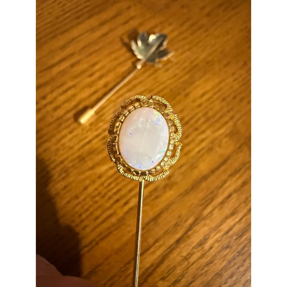 Vintage Gold Tone Stick Pin Set Maple Leaf Enamel and Faux Opal Cabochon 2 Piece - Picture 3 of 6